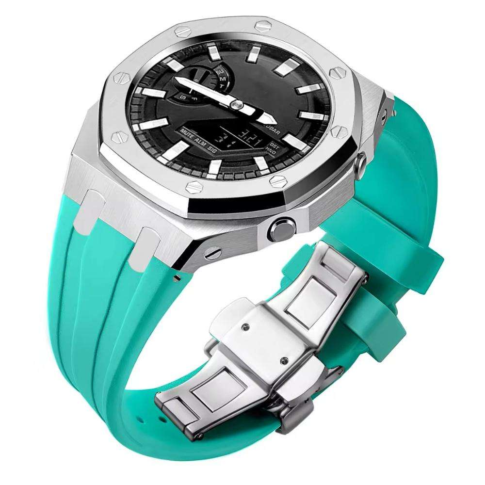 Étui argenté + bande de bleu de mer