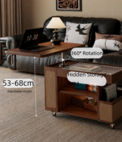 Table basse en bois à plateau relevable et chariot de rangement mobile, design moderne français pour petit appartement, mobilier de salon