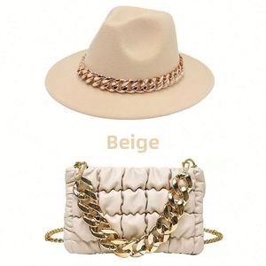 Custom Wholesale Vintage British Style Lady Wide Flat Brim Wool Panama Fedora Hat and Purse Fedora Hat With Chains - Product Image 4