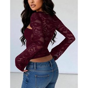 Top Corto de Encaje de Manga Larga con Cuello Alto, Manga Campana y Recortes, Translúcido, Ajustado, para Fiesta de Mujer - Product Image 4