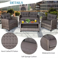 Mobilier d'extérieur en osier de haute qualité pour patio Table basse et chaise en verre trempé rembourrées en rotin pour 4 personnes avec 2 chaises