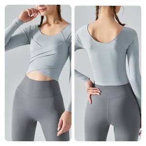 YISHENHON croix volants à manches longues haut de Yoga coupe ajustée soutien-gorge intégré sport chemise de sport dames vêtements de Fitness femmes hauts amincissants - Product Image 4