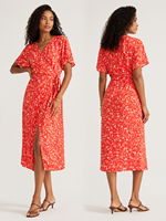 Nouvelle Arrivée Été 2026 USA Australie : Robe Midi Rouge à Motifs Floraux, Col V Cache-cœur, Manches Courtes Volantes, Coupe Cache-cœur, Grande Vente