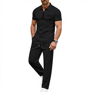 Men's Winter Solid Casual Fleece Knitted Short Sleeve Polo Shirt Set Pockets Matching Pants Quick Dry Polyester/Cotton 180g - Product Image 1