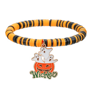 Halloween Cartoon Pendant <b>Bracelet</b> Zinc Alloy Unisex Gift Jewelry Orange Black Striped <b>Beaded</b> <b>Bracelet</b> With Pumpkin Skull Charm - Product Image 5