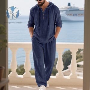 Completo da <span class=keywords><strong>uomo</strong></span> in cotone e <span class=keywords><strong>lino</strong></span> a 2 pezzi, camicia Henley a maniche lunghe, pantaloni casual da <span class=keywords><strong>spiaggia</strong></span> con tasche, outfit estivo per yoga - Product Image 1