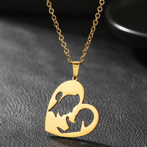 Collier pendentif cœur en acier inoxydable plaqué or 18 carats, design ajouré parent-enfant, bijoux pour la fête des mères - Product Image 2
