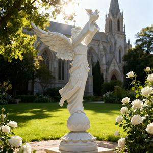 等身大手作りモダンデザイン白い大理石の天使像ダブ付きカスタム花崗岩彫刻教会ガーデンヴィラ - Product Image 1