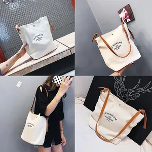 Fashion Design Hoge Kwaliteit Custom Logo Kleur Milieuvriendelijk Shopper Katoenen Canvas Tote Schoudertassen Met Bruin Lederen Handgrepen