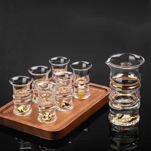 Chinese Style Bamboo Cup Crystal Glass Gold Print Baijiu Dispenser Shot Glasses Set