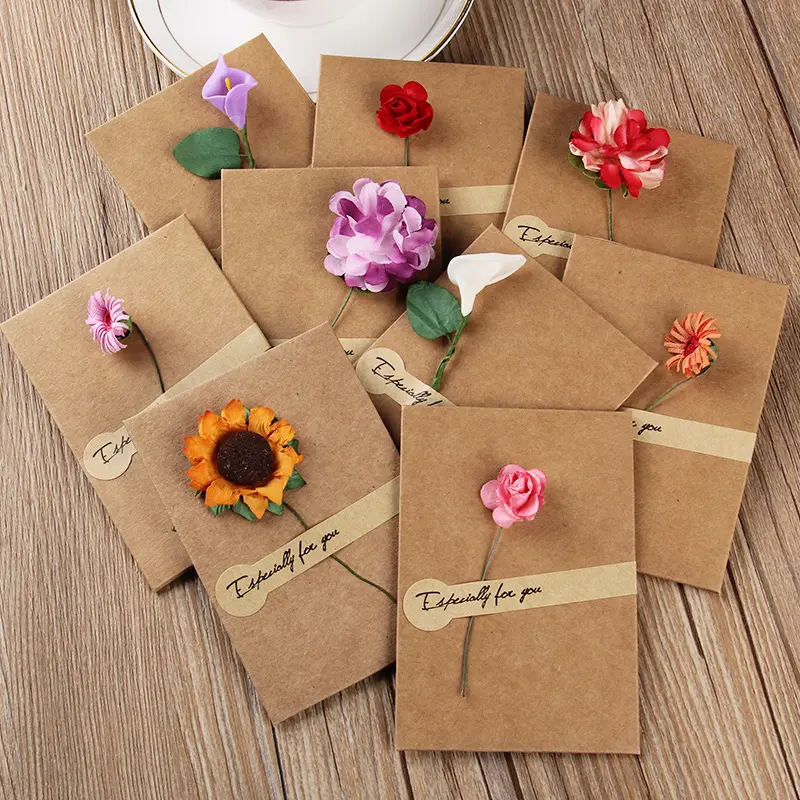 Tarjetas de invitación de Material Kraft para fiesta de cumpleaños, con flores de papel, venta al por mayor