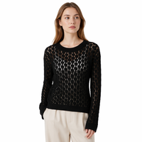 Haut en tricot crocheté pour femme en mélange lin-coton, à lacets, manches longues, col rond, motif ajouré, léger, style bohème, noir, pour l'été