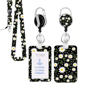 In stock: Black background with white daisy floral pattern, detachable neckband, badge scroll, vertical ID card holder. - Product Image 1