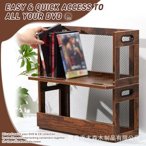 Wooden Vinyl Record Storage Box 2 Tier Iron Wood Combination Retro Style For Media Organization - Product Image 3