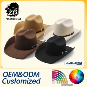 Sombreros de Vaquero de Fieltro con Logotipo Personalizado al por Mayor para Hombre, Nueva Tendencia, Sombreros de Fieltro Retro de Ala Ancha para Mujer, Gorra Occidental con Cinturón Personalizado para Unisex - Product Image 1