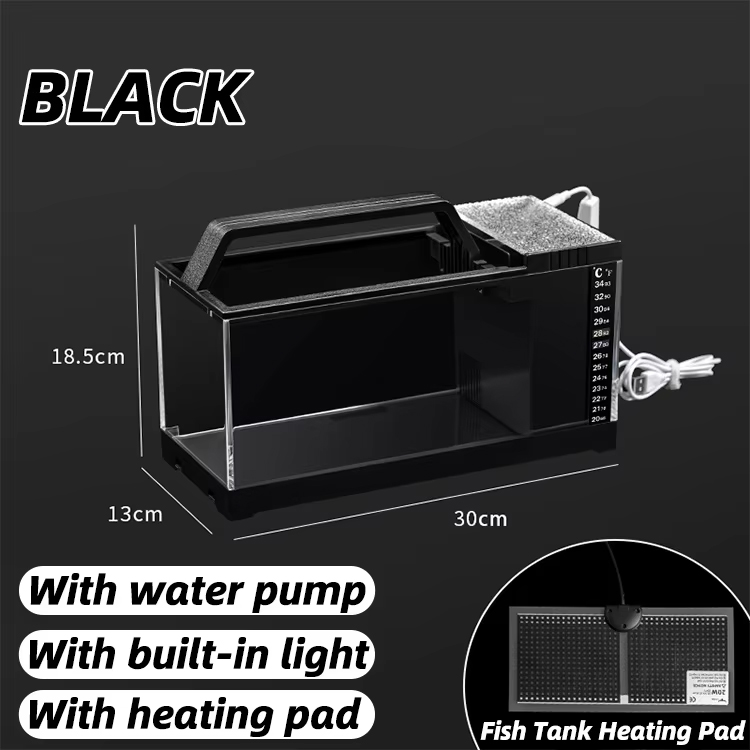 Réservoir de poisson noir + pompe à eau + coussin chauffant + lumière