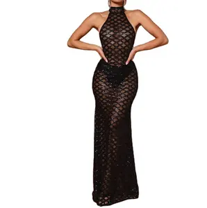 woman dresses new arrivals 2023 elegant sexy girl without bra in transparent dress black sequin dress