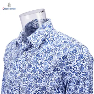 الرجال طباعة قميص تمتد كم طويل الأزرق الأزهار عادي طباعة قميص للرجال