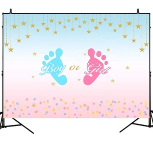 Fondale per Festa di Rivelazione del Sesso 7x5ft, Sfondo in Vinile con Piedini Maschietto o Femminuccia, Rosa e Blu con Piccole Stelle per Baby Shower - Product Image 1