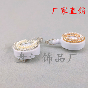 Round name badge with rhinestone and pearl embellishments, easy-pull <b>buckle</b>, retractable card holder with lanyard, easy-pull - Product Image 3