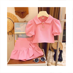 طقم تنورة صيفية جديدة للفتيات كاجوال من قماش الوافل الوردي اللطيف ملابس للفتيات الصغيرات من قطعتين - Product Image 1