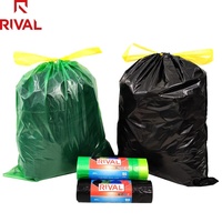 Sacs poubelles biodégradables PLA PE bleus et noirs Rival Tech, impression flexo, cordon de serrage, certifiés ISO9001, logo personnalisé pour usage domestique