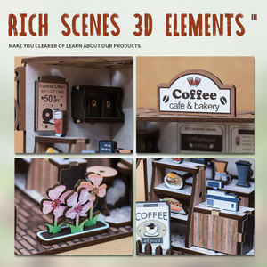لغز خشبي ثلاثي الأبعاد لبيت القهوة - مجموعة تركيب منزل الدمى المصغر مع ركن الكتب وديكورات الحرف اليدوية - Product Image 4