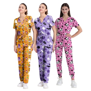 2025 OEM Custom Design Cotton Polyester Uniforms Halloween Beautiful Hospital <strong>Scrubs</strong> Women Nurse Printed Character <strong>Scrub</strong> <strong>Top</strong> - Product Image 2