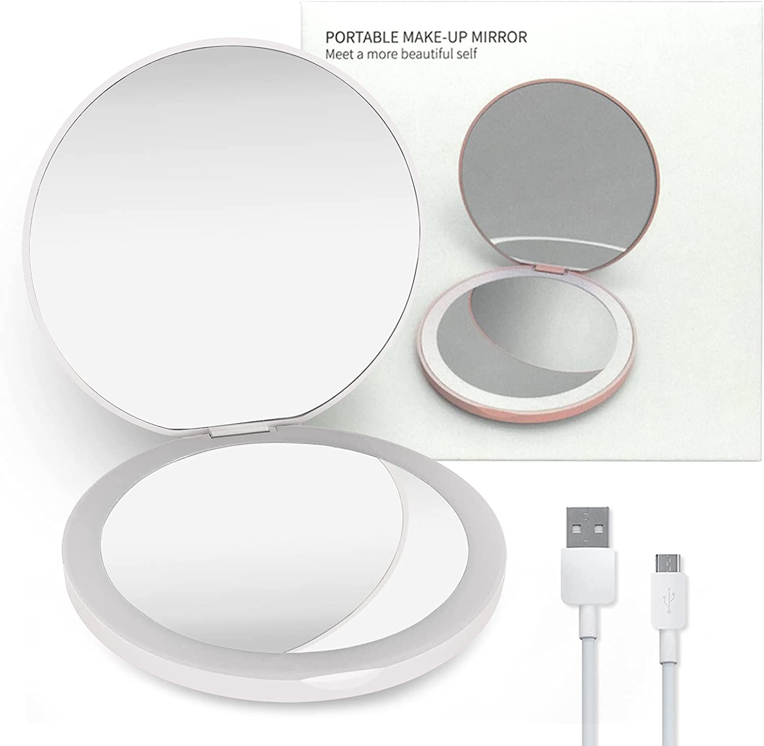 Новинка 2021, компактное портативное косметическое круглое увеличительное зеркало со светодиодной подсветкой для макияжа для девушек