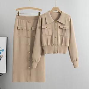 Meilleure vente femmes automne hiver ensemble simple boutonnage doux tricoté pull col rabattu poche personnalisé tricoté robe femmes - Product Image 4