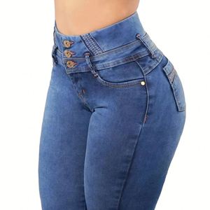 Pantalones pitillo lisos lavados con botones transpirables informales de cintura alta de alta calidad personalizados al por mayor pantalones vaqueros para mujer - Product Image 3