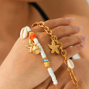 MW 새로운 해변 우정 Surfer18k 골드 스테인레스 스틸 팔찌 세트 불가사리 거북 매력 폴리머 클레이 비즈 팔찌 소녀를위한 - Product Image 2