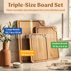 Acacia Cutting Board Set Of 3 Non Toxic Beeswax Finish Kitchen <b>Wooden</b> Chopping <b>Blocks</b> Rectangle Solid Wood With Grooves - Product Image 2