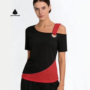 Camiseta <span class=keywords><strong>de</strong></span> Mujer Personalizable con Bloques <span class=keywords><strong>de</strong></span> Color, Hombro Asimétrico, Estilo Casual, Ajustada y con <span class=keywords><strong>Tirantes</strong></span> Anchos - Product Image 1