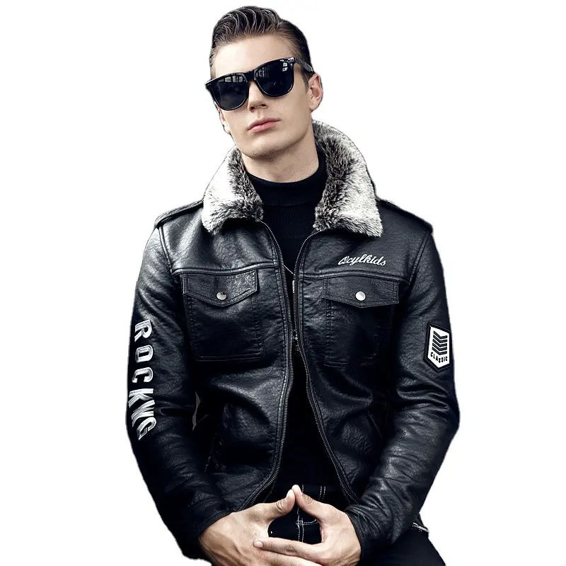 Classic Windproof Fur Lining Mens Motorbike Punk Leather Winter Jacket