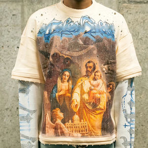 T-shirt in cotone Yingling con strass e pannello waffle, a maniche lunghe da uomo, vestibilità ampia, stampa DTG, all'ingrosso - Product Image 1