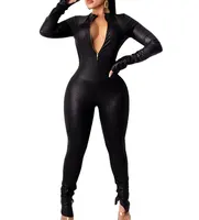 थोक महिलाओं के वस्त्र काले चमड़े Rompers Jumpsuits