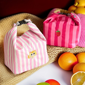 Lunch Bag Pink Striped Insulated With Cat And Strawberry Design For Picnics And Office Use - Product Image 2