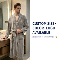Peignoir brodé avec logo, col châle, en flanelle corail gris, confortable pour les vacances et le quotidien, grande taille