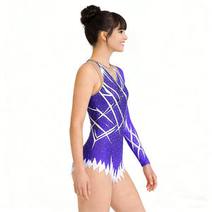 Leotardo de Gimnasia Morado Personalizado OEM de Estilo Moderno con Manga Asimétrica y Pedrería, Traje de Danza para Actuaciones Profesionales - Product Image 5