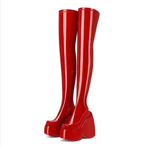 Botas Largas de Mujer con Plataforma y Tacón de Cuña, de Cuero Sintético Charolado, con Cierre de Cremallera, Talla Grande 43, Colección Otoño Invierno 2022 - Product Image 1