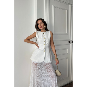 Chaleco de Lino Jacquard con Cintura Ajustada y Botones Dorados - Traje Exterior Blanco con Decoración de Logotipo Vintage, Tejido de Algodón - Product Image 3