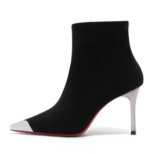 Botines de tacón alto de gamuza con punta metálica para mujer, estilo nuevo, elásticos, ajustados, sin cordones, que aumentan la altura, Otoño Invierno 2025 - Product Image 5