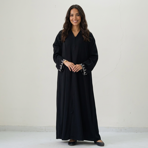 Best Selling Handmade <b>Black</b> Embroidered Cuff Abaya Regular Fit <b>Long</b> <b>Sleeve</b> Floor Length Eid Breathable Middle East <b>Dress</b> Women - Product Image 1