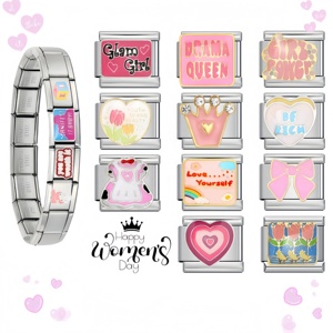 Pulsera de dijes italiana de acero inoxidable personalizada con patrón rosa, pulsera de dijes al por mayor, pulsera DIY para mujer, regalo de San Valentín - Product Image 1