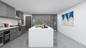 Gabinetes de Cocina Modernos con Puertas de Vidrio Gris, Manijas de Aluminio, Protector Contra Salpicaduras de Granito Impermeable para Apartamento - Product Image 2