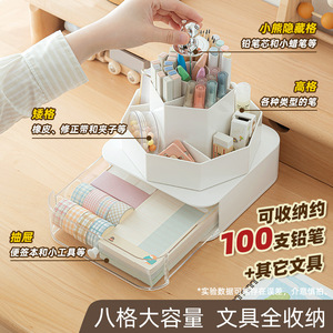 Plastic <b>Rotating</b> Pen Holder Square Shape With Transparent Drawer For <b>Desk</b> Storage - Product Image 3