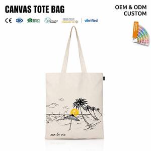 Sac fourre-tout réutilisable en toile, imprimé palmiers de plage, avec longue anse, pour courses et épicerie - Product Image 1