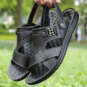 Sandalias de cuero genuino para hombre con tiras cruzadas, suela de goma antideslizante, punta abierta, zapatos casuales de verano - Product Image 1