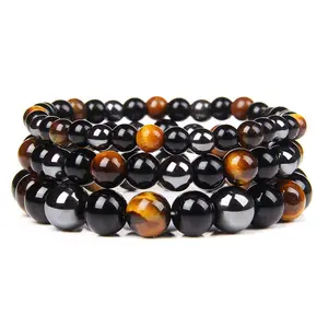 Venda quente amarelo tigre olho hematita obsidiana preta 8mm rodada frisada pulseira casais gemstone bead stretch bracelet